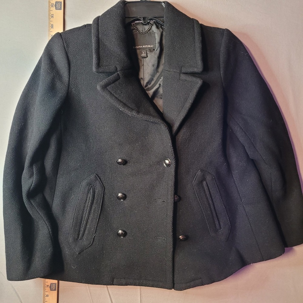 Banana Republic Womens Petite S Black Wool Blend Double Breasted Pea Coat Jacket